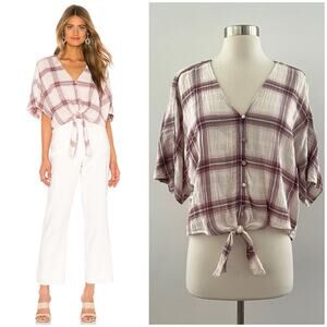 Paige Baylee Top Plaid Tie Front Cropped Dolman Sleeve Lightweight Summer Small